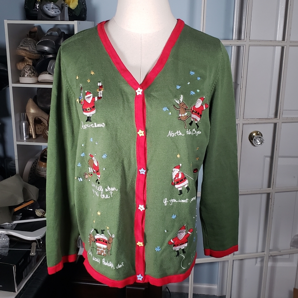 Funny Santa Rudolph Christmas Sweater Cardigan Applique Embroidered Sequins Star
